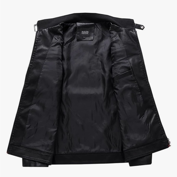 MEN’S STAND COLLAR LEATHER JACKET FALL TRENDY COLOR BLOCK BIKER JACKET FULL ZIP - Picture 5 of 7